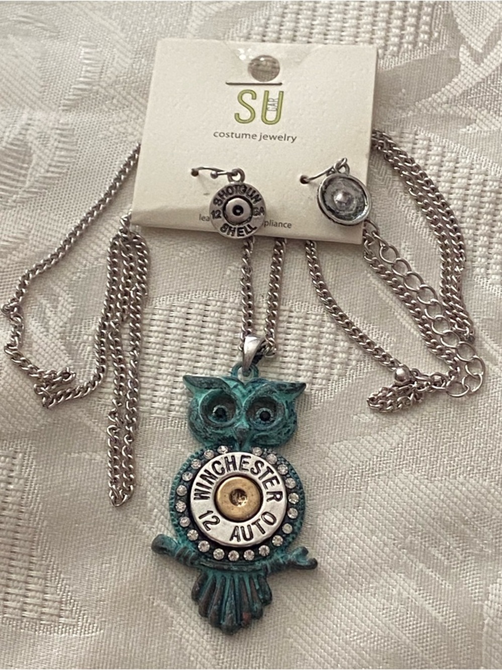 SU Necklace & Earrings Set Owl Pendant 2” H Turquoise Metal Winchester 12 Auto
